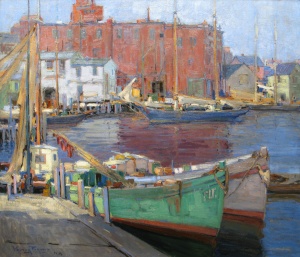 Farndon, Walter, The Docks, Gloucester, Massachuestts. Oil on board, 34 7/8 x 42 in. Collection of William Moe, Boulder, CO Image courtesy of Vose Galleries, Boston, MA.