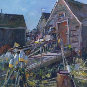 Movalli, Charles, Fish Houses, Monhegan, 2010. Acrylic on linen, 36 x 36 in. Collection of Dale Ratcliff Movalli.